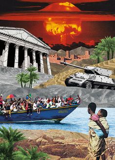 a collage of people on a boat with tanks in the background and an image of a temple