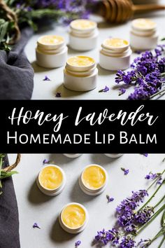 honey lavender homemade lip balm on a table with lavender flowers