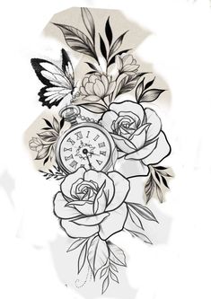 a black and white drawing of flowers with a clock