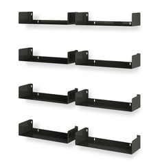 four black shelves with brackets on each shelf