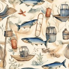 a watercolor painting of fish and fishing equipment