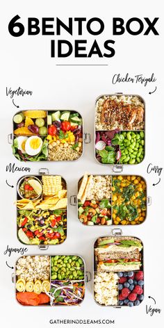 six bento box lunches with the words 6 bento box ideas on them