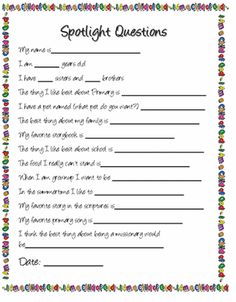 a printable spotlight questions sheet for students to use in their writing and reading skills