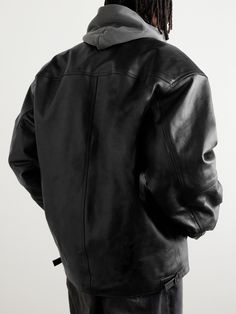 Balenciaga's 'Cocoon Kick' jacket is made from smooth black leather that's crinkled in places for a vintage appearance – the brand has a department dedicated to giving its pieces an aged look. It's lightly padded for both warmth and to enhance its oversized shape. Leather Jacket For Men, Balenciaga Men, Black Balenciaga, Balenciaga Black, Leather Jacket Black, Oversized Jacket, Jacket For Men, Shell Jacket, Leather Jacket Men