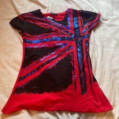 Large Shirt From London Red Stretch Tops With Graphic Print, Red Stretch Top With Graphic Print, Red Stretch Shirt For Summer, Red Stretch Short Sleeve Shirt, Red Casual Shirt With Flag Print, Fitted Flag Print Short Sleeve Tops, Casual Red Shirt With Flag Print, Blue Flag Print Summer Shirt, Summer Blue Shirt With Flag Print