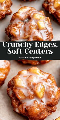 some very tasty looking cookies with icing on them and the words crunchy edges, soft centers