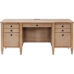 a wooden desk with three drawers on one side and an open drawer on the other