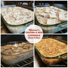 several pictures of chicken and rice casserole in the oven, with cheese on top