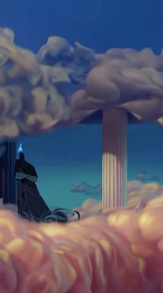 a man sitting on top of a cloud covered ground next to a tall pillar in the sky