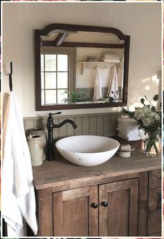 Bathroom Mirrors - See How A European Vacation Inspired This Family's Dream Home - House & Home Bedroom Elements, Primitive Bathroom, Farmhouse Bathroom Ideas, Rustic Farmhouse Bathroom, Bilik Air, Rustic Bathroom Designs