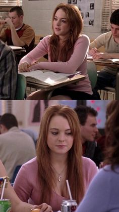 two pictures of people sitting at desks with books and drinks