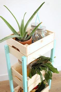 a planter with plants in it sitting on top of a wooden table