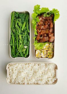 two containers filled with rice, meat and veggies