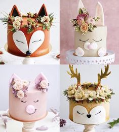 four different cakes decorated with animals and flowers on top of each other, including one for the head