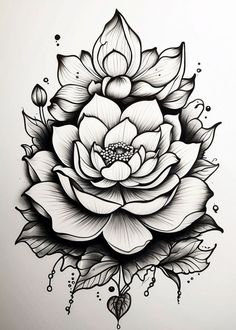 a black and white drawing of a large flower with leaves on the bottom half of it