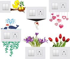 there are many different electrical outlets with flowers and birds on them