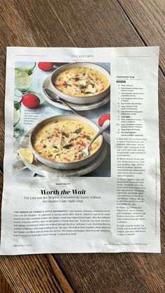 a newspaper article with two bowls of soup on it