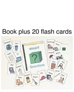 book plus 20 flash cards with the words what? and other items on it, including books