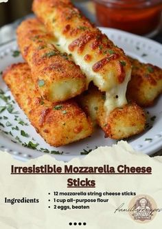 there is a white plate with some food on it and the words irresistible mozzarella cheese sticks