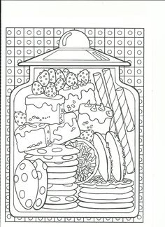 a coloring book page with an image of a jar full of cake and other items