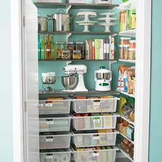 an organized pantry with lots of food in it