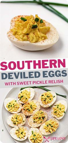 the cover of southern deviled eggs with sweet pickle relish is shown on a plate