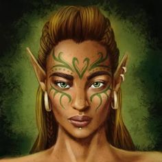 a painting of a woman with green eyes and tattoos on her face, looking at the camera