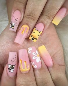 Fruit Nail Inspiration, Acrylic Nails Cute Design, Cute Nail Designs For Acrylics, Lola Bunny Nails, Nail Designs Disney, Cute Disney Nails, Winnie The Pooh Nails, Cute Nails Designs, Cute Nails Acrylic