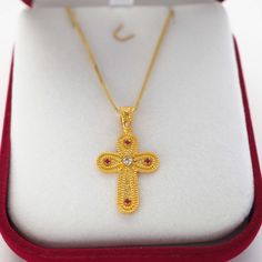 Gold Orthodox Byzantine cross, Ancient Greek cross, Cross talisman made of 925 silver, Gold plated  greek pendant, Orthodox Greek Cross, Byzantine jewelry Ruby Emerald Sapphire, Measures and features -Material :Solid gold 14k -Size :3,5cm Χ 2,0cm measured from the top of the bale to the bottom) -Weight  of cross:2,38gr  -Weight of chain: 1,5gr(45cm) Type of chain is  Spiga/wheat  fits perfectly with the Byzantine cross All solid gold 14K will be shipped free  with DHL  express and delivery withi Byzantine Cross Pendant Necklace As Gift, Byzantine Yellow Gold Cross Necklaces, Byzantine Style Cross Pendant Necklace As Gift, Byzantine Yellow Gold Cross Necklace, Byzantine Cross Pendant Necklace For Gift, Byzantine Style Cross Pendant Necklace For Gift, Byzantine Crucifix Necklace As A Gift, Byzantine Cross Pendant Jewelry As Gift, Byzantine Cross Pendant Jewelry Gift