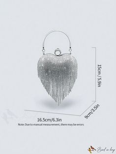 BirdinBag - Chic Mini Novelty Bag with Rhinestone & Fringe Decor - Ideal Bridal Purse for Wedding & Events Crystal Handheld Bag For Gift, Crystal Handheld Bags For Gifts, Silver Heart-shaped Bag For Formal Occasions, Handheld Crystal Bag For Gift, Formal Silver Heart-shaped Bag, Elegant Silver Heart-shaped Bag, Glamorous Bags For Wedding And Valentine's Day, Elegant Heart-shaped Bag For Wedding, Glamorous Wedding Bags For Valentine's Day