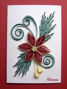 a christmas card with a red and green poinsettia on it's side