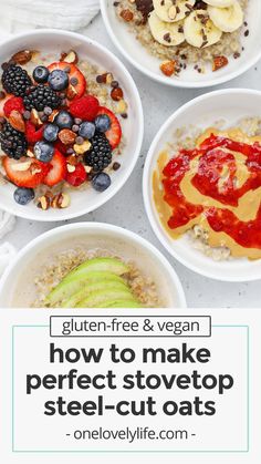 four bowls filled with oatmeal, fruit and nuts on top of each other