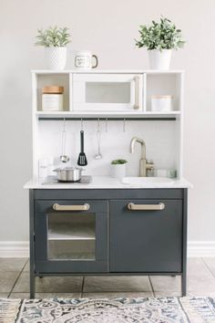 a gray and white kitchen with plants on the shelves