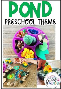 a collage of pictures with the words pond preschool theme in green and purple colors