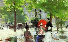 a painting of people walking in the rain with an umbrella over their heads, and one person sitting on a bench