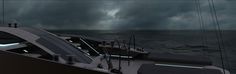 the front end of a boat with dark clouds in the background