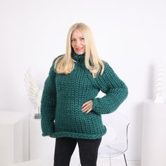 MATERIAL  : 100 % unspun merino wool                              COLOUR : Green ( There may be a slight difference because of the different monitors' representation)                            ♥   In the picture the model is wearing a garment with these measurements :  A: ( Body length) : 26 " / 66 cm B: ( Chest width) 20 " / 51 cm C: (Sleeve from under the arm) : 20.5 " / 52 cm D: (Neck unrolled) : 5.1 " / 13 cm          They are taken with the item laid flat and not stretched. ♥   For choosin Chunky Knit Winter Sweater, Chunky Knit Sweater For Winter, Chunky Oversized Winter Sweater, Cozy Chunky Knit Merino Wool Pattern, Cozy Chunky Knit Merino Wool Knitting Pattern, Cozy Chunky Knit Pattern In Merino Wool, Cozy Chunky Long Sleeve Sweater, Cozy Thick Chunky Knit Sweater, Thick Wool Sweater With Long Sleeves