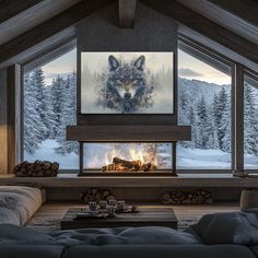 a living room filled with furniture and a fire place in front of a large window