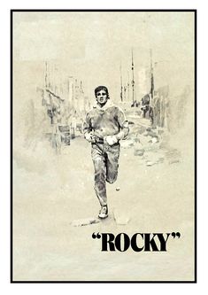 a drawing of a man running in the street with words rocky on it's side