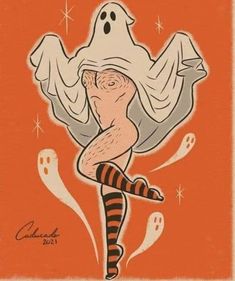 a drawing of a woman dressed as a ghost with her legs spread out and hands in the air