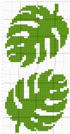 a cross stitch pattern with green leaves in the center and two smaller ones on each side