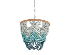 a beaded chandelier hanging from a chain on a white background with blue beads