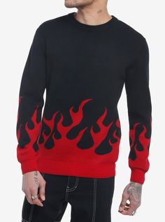 Get ready to bring the heat this winter! Keep your 'fit lookin' lit in this cozy sweater  featuring a red flame border along the bottom trim and sleeves.100% acrylicWash cold; dry lowImportedListed in men'sunisex sizes Flame Sweater, Hot Sweater, Tall Hoodies, Bring The Heat, Plus Size Fits, Socks And Tights, Cozy Sweater, Sweaters And Jeans, Dream Clothes