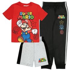 The Nintendo Super Mario Boys 3-Piece Set is an exciting and comfortable ensemble designed for kids and toddlers in the size range of 7-3T. This collection includes a soft and breathable T-shirt featuring vibrant Super Mario graphics, ensuring both style and comfort. Paired with elastic-waisted sweatpants, the set offers ease of movement and a secure fit for everyday activities. For more active moments, the included athletic shorts maintain the Super Mario theme while providing lightweight and c Super Mario Theme, Mario Theme, Jogger Pants Casual, Long Sleeve Outfits, Active Play, Joggers Outfit, Tracksuit Tops, Short Sleeve Hoodie, Grey Outfit