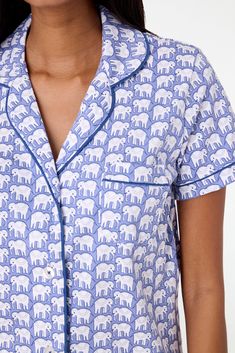 Hathi See, Hathi Do, Hathi Pink, Hathi Blue! Our original fan-favorite Hathi elephant print is here in our cult classic polo set made of 100% premium cotton.  Button Front Closure Functional Breast Pocket Contrast Piping Detail Mid-Rise Elastic Waist Materials and Care 100% Premium Cotton Machine Wash Cold, With Like Colors Do Not Bleach, Tumble Dry Low (Line Dry Recommended) Imported Measurement Information Model Wears Size Small Size S Length: 25.5" (from Shoulder) Size S Sleeve Length: 7" (from Shoulder) Size S Inseam: 2.5" Roller Rabbit Pajamas, Monkey Print, Cute Pajama Sets, Roller Rabbit, Cute Pajamas, Cute Preppy Outfits, Contrast Piping, Elephant Print, Sleepwear & Loungewear