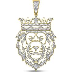 GND 10K Yellow Gold Lion Crown Pendant with Pave-Set Round Diamonds - 0.75 Carat Total Diamond Weight White Lion With Gold Crown, Luxury Yellow Gold Crown Shaped Jewelry, Luxury Yellow Gold Jewelry With Crown Design, Lion Crown, King Lion, Crown Charm, Crown Pendant, Gold Lion, Diamond Charm