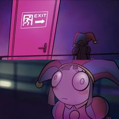 an animated dog sitting in front of a pink exit sign