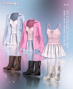 three dresses and boots are shown for the camera, one is wearing a pink jacket