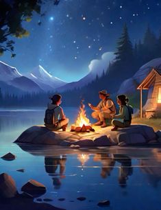 three people sitting around a campfire in front of a lake at night with the stars above them