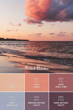 the color palette for this beach scene is pink, blue, and purple with white clouds